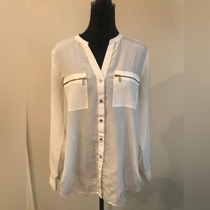 Calvin Klein White Satin-Like Blouse with Gold Features - Size Large